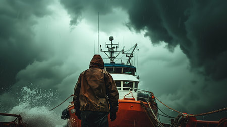 A lone fisherman faces an oncoming storm at sea, encapsulating the isolation and resilience of maritime life.の素材