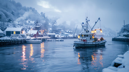 Snowy harbor at dawn, where fishing boats share the quiet beauty of a winter morning.の素材