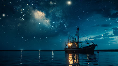 Galactic fishing: A lone boat bathed in the Milky Way's glow casts its nets under the cosmos.の素材