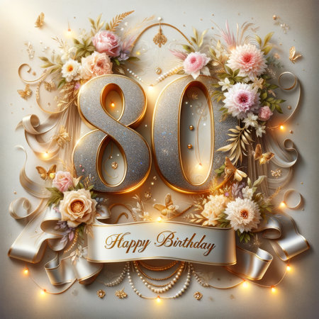 Luxurious 80th birthday festivity adorned with silver numerals, floral arrangements, and a touch of nostalgia, celebrating eight decades.の素材