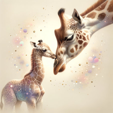 A giraffe mother's gentle nuzzle to her calf under a stardust sky evokes warmth and protection.の素材