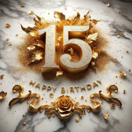 This 15th birthday design combines golden glamor with a flourish of feathers, signifying a lavish celebration.の素材