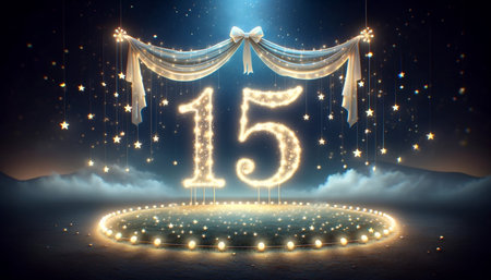 A nocturnal 15th birthday setting, with a glowing number 15 under starlit strings and a mystical full moon.の素材