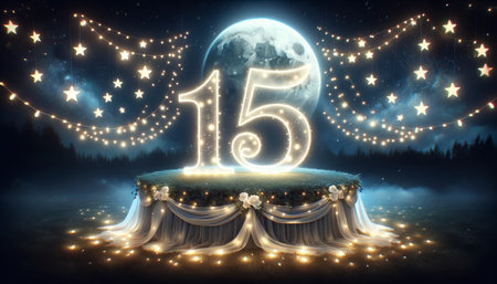 Glowing 15th celebration in a moonlit scene with stars, floral decoration, and festive lights, evoking magic and wonder.の素材