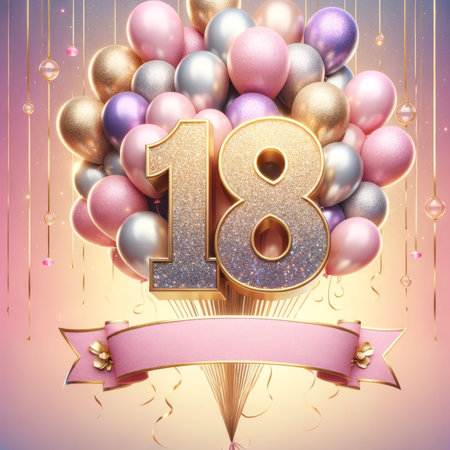 Glittering balloons loft the number 18 aloft, suggesting an elegant coming-of-age or milestone major event.の素材