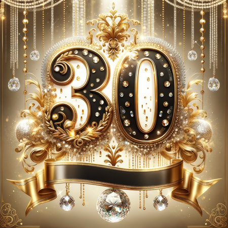 Gleaming "30" set amidst a golden swirl and sparkling gems signifies a luxurious celebration of thirty remarkable years.の素材