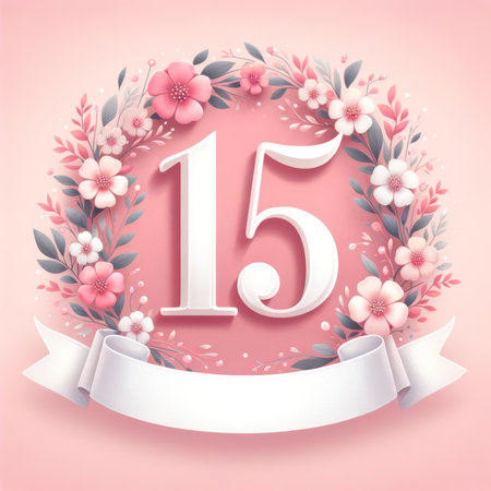 A classic pink wreath surrounds the number 15, evoking timeless elegance for a quinceaÃ±era or 15th anniversary celebration.の素材