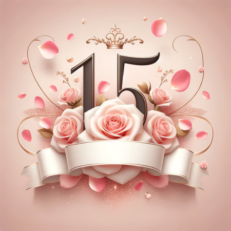 A sophisticated design featuring roses and a regal 15, set against a heart and ribbon, for a quinceaÃ±era or anniversary.の素材