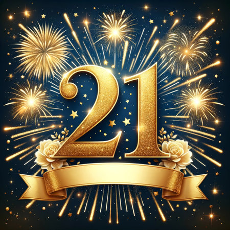 Golden fireworks and stars illuminate the number 21, symbolizing an explosive celebration of a milestone birthday.の素材