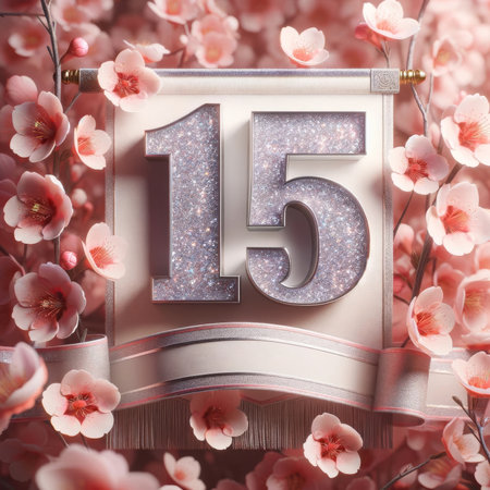 A 15th birthday or anniversary display enveloped by cherry blossoms, radiating freshness and renewal.の素材