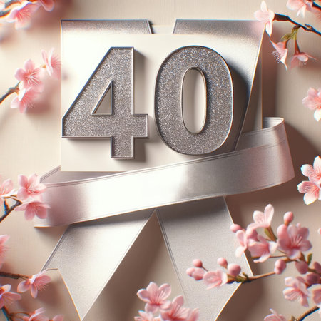 A dazzling number 40 with a geometric ribbon, set against a backdrop of delicate cherry blossoms, celebrating a significant milestone.の素材