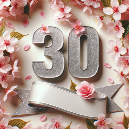 Silver number 30 on a background of cherry blossoms, symbolizing the grace and beauty of a milestone age.の素材