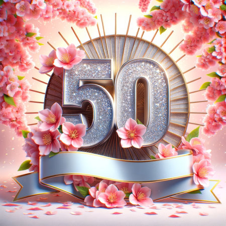 A radiant 50th anniversary celebration, featuring silver numerals and cherry blossoms, set against a sunburst pattern.の素材