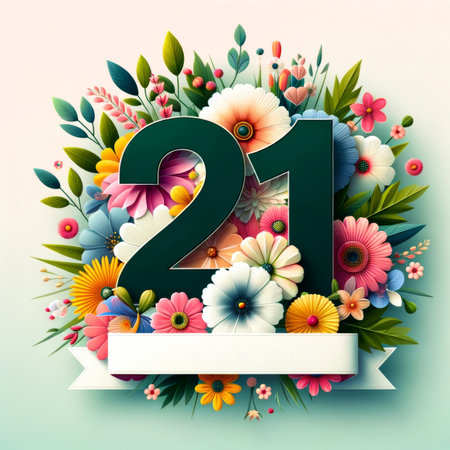 A floral 21st birthday celebration featuring vibrant flowers and lush foliage against a pastel backdrop.の素材