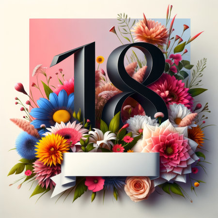 An 18th birthday celebration bursts with colorful flowers and botanicals, radiating a youthful and vibrant energy.の素材
