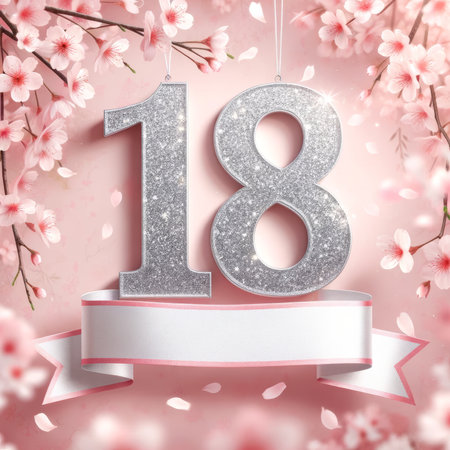 Sparkling silver number 18 against a blossoming pink backdrop, symbolizing the joy of coming-of-age celebrations.の素材