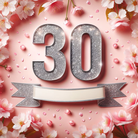 Glittery silver number 30 amidst a soft pink, petal-filled background, evoking elegance and the joy of turning thirty.の素材