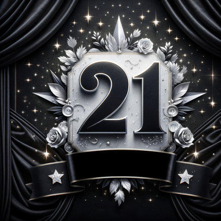 Sophisticated black and silver elements frame the number 21, embodying a chic and mature celebration of legality.の素材