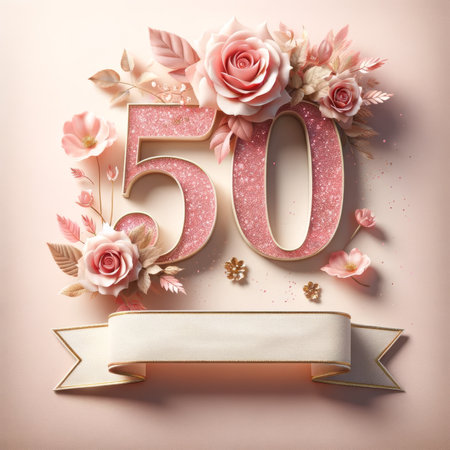 A 50th celebration tableau with blush roses and glittering figures, suggesting timeless elegance.の素材