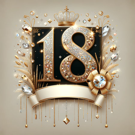 Luxurious "18" in glittering gold and black, crowned and adorned with jewels, celebrates a momentous coming of age.の素材