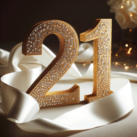 Luxurious golden 21st birthday numerals intertwined with a silky ribbon, signifying sophistication and festivity.の素材