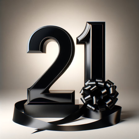 Sleek 21st birthday numerals with a modern twist, featuring a monochromatic palette and a satin ribbon.の素材
