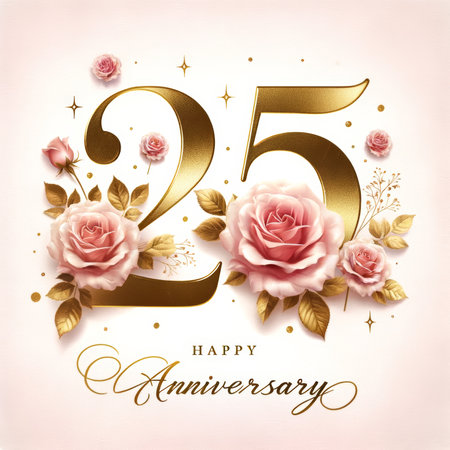 Gilded digits '25' amidst roses, representing a quarter-century of love and dedication.の素材