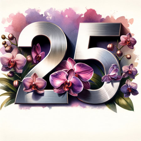 A silver jubilee celebrated with purple orchids and a splash of watercolor, blending tradition and artistry.の素材
