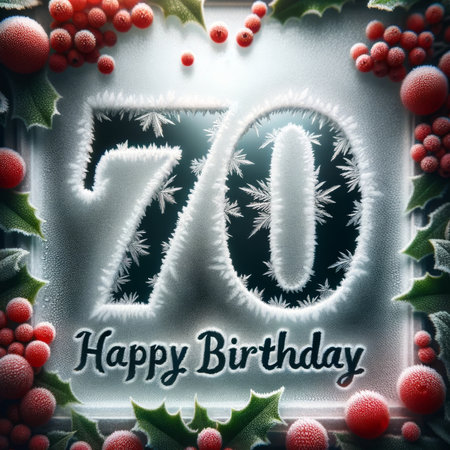 Frost and berries decorate a winter window celebrating a 70th birthday with elegant icy lettering.の素材