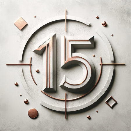 A chic copper 15 on concentric circles with geometric elements, symbolizing a modern and stylish 15th anniversary.の素材