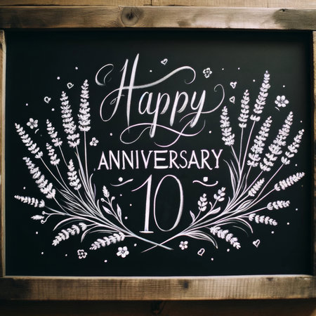 An artistic 10th anniversary chalkboard adorned with graceful lavender, celebrating a decade of love.の素材