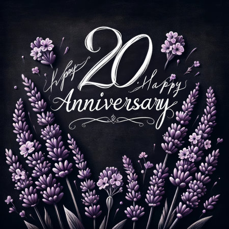 Lavender accents on a 20th anniversary chalkboard design, symbolizing two decades of flourishing love.の素材