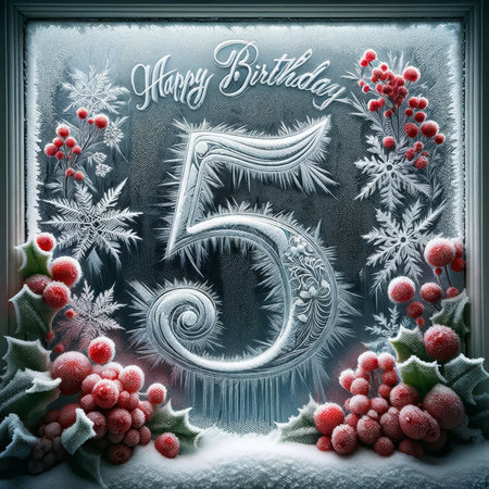 Frosty window pane with a festive "Happy Birthday" message and a number 5, adorned with winter berries and frost patterns.の素材