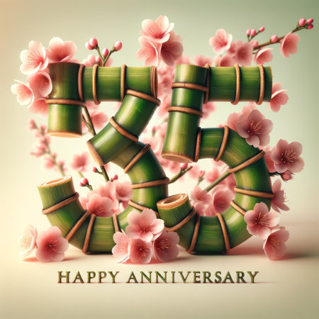Bamboo numerals intertwined with cherry blossoms create a tranquil 35th anniversary theme, blending nature and celebration.の素材