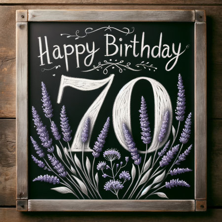 Chalk art lavishly decorates a 70th birthday board, with lavender bringing a touch of natural grace.の素材