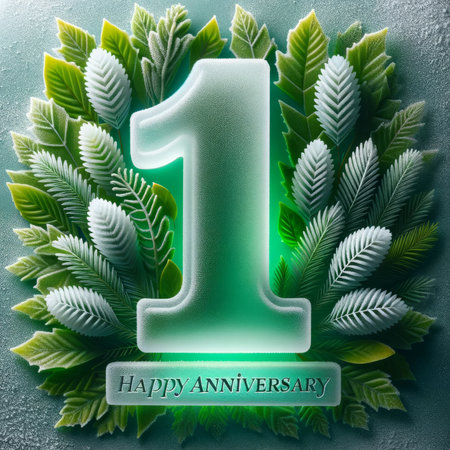 A frosted numeral one, surrounded by vibrant green leaves and the inscription 'Happy Anniversary', evokes a fresh first-year milestone.の素材