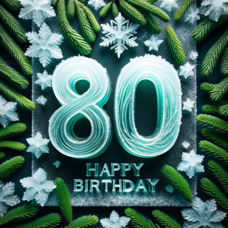 Celebrate a monumental 80th birthday with '80' engulfed in a frosty, pine-laden setting.の素材