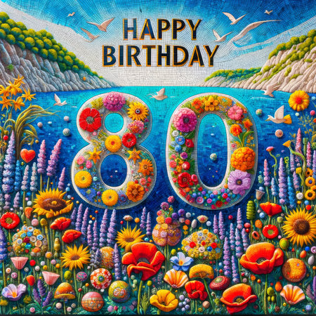 A lush floral and oceanic mosaic captures the spirit of an 80th birthday, embodying life's beauty and depth.の素材
