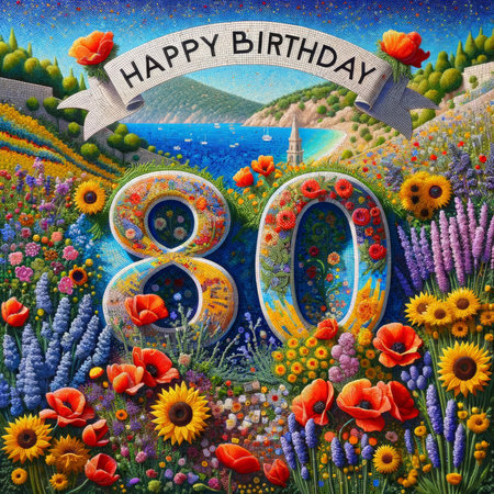 Coastal themed birthday mosaic for 80 years, bursting with florals, symbolizing a life journey filled with color.の素材