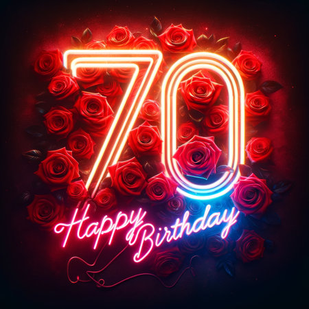 Red neon lights up '70', set against a rich field of roses, for a memorable 70th birthday tribute.の素材