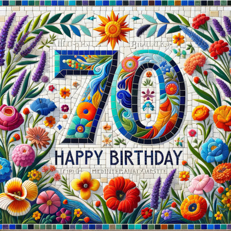 Vibrant mosaic celebrating a 70th birthday with richly detailed flowers and sunshine, radiating warmth and longevity.の素材