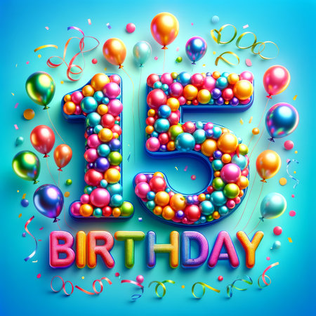 Vibrant 15th birthday celebration captured in colorful balloons and festive confetti against a bright blue backdrop.の素材