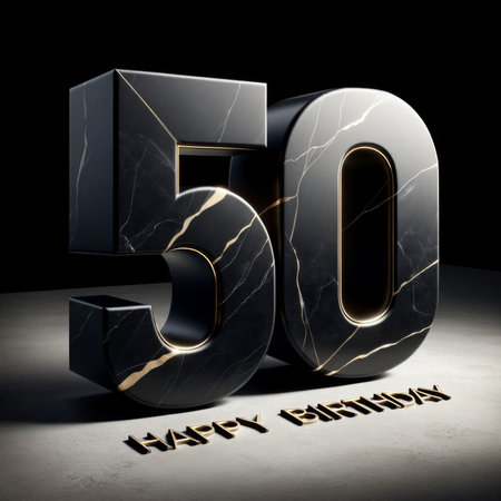 A bold 50 numeral in sleek black marble and gold stands out for a classy, significant 50th birthday or golden anniversary celebration.の素材