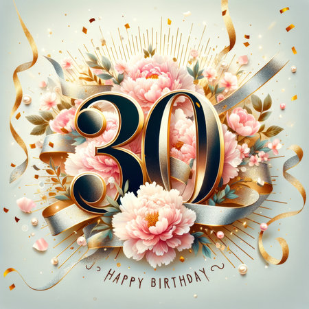 Celebratory 30th birthday scene with elegant peonies and golden ribbons, conveying joy and sophistication for a special day.の素材
