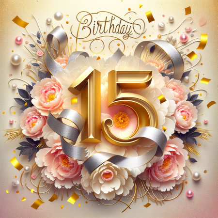 An elegant 15th birthday composition with golden accents and lush peonies, exuding sophistication and timeless charm.の素材