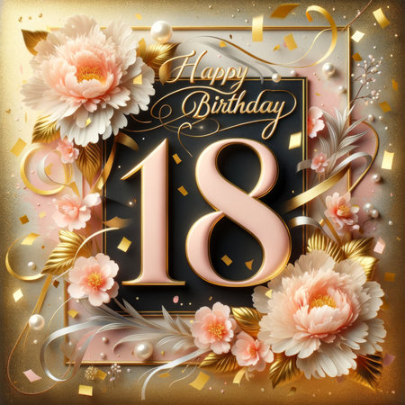 A luxurious 18th birthday celebration card with golden and pink tones, adorned with elegant flowers and festive confetti.の素材