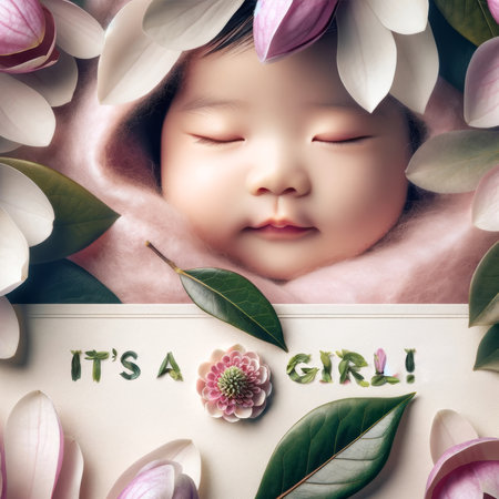 A peaceful sleeping baby surrounded by magnolia blossoms announces "It's a girl!", capturing a moment of pure serenity.の素材