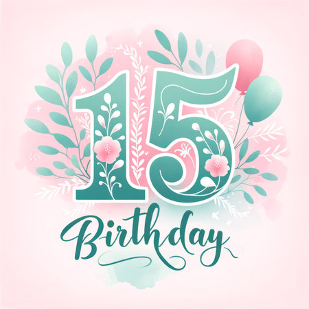 Sweet 15th birthday design, blending tender pink hues with floral and balloon accents, evokes youthful charm and innocence.の素材