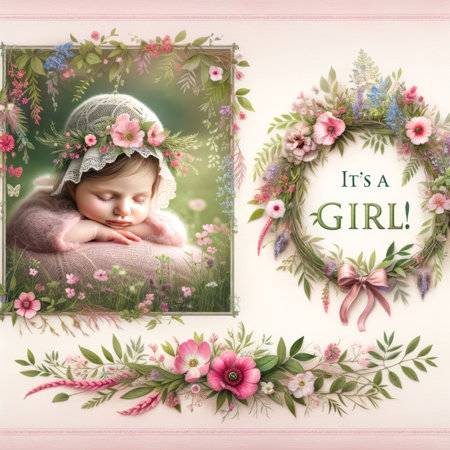 A baby rests peacefully surrounded by a whimsical floral frame, announcing "It's A Girl!" in a dreamy garden setting.の素材