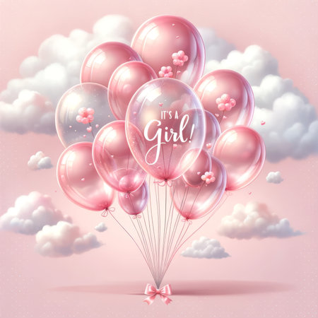 Dreamy baby shower backdrop with translucent pink balloons and sparkling clouds, announcing 'It's a Girl!'.の素材